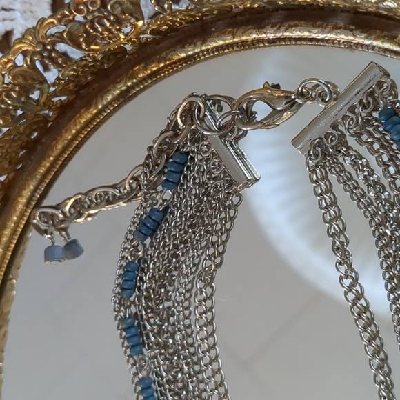 Graduated Layer 17 Inch Necklace With Blue Beads on Silver Tone Chains - Picture 2 of 9